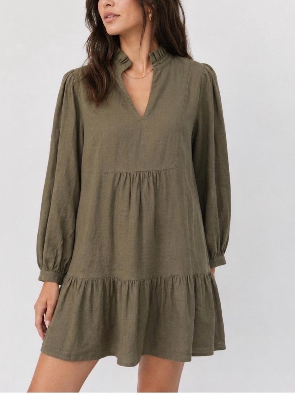 Tuckernuck Ruffle-Trim Linen Long Sleeve Tiered Dress Olive Green Large